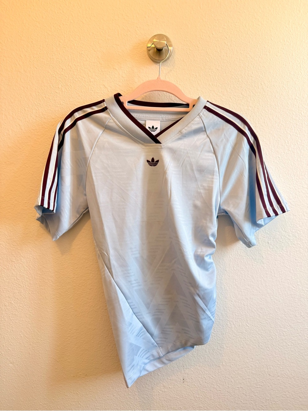 adidas Light Blue V-Neck Jersey with Maroon Three-Stripes